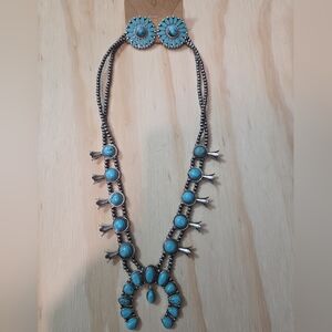 Turquoise Squash Blossom Style Necklace & Earrings Set Southwestern Boho